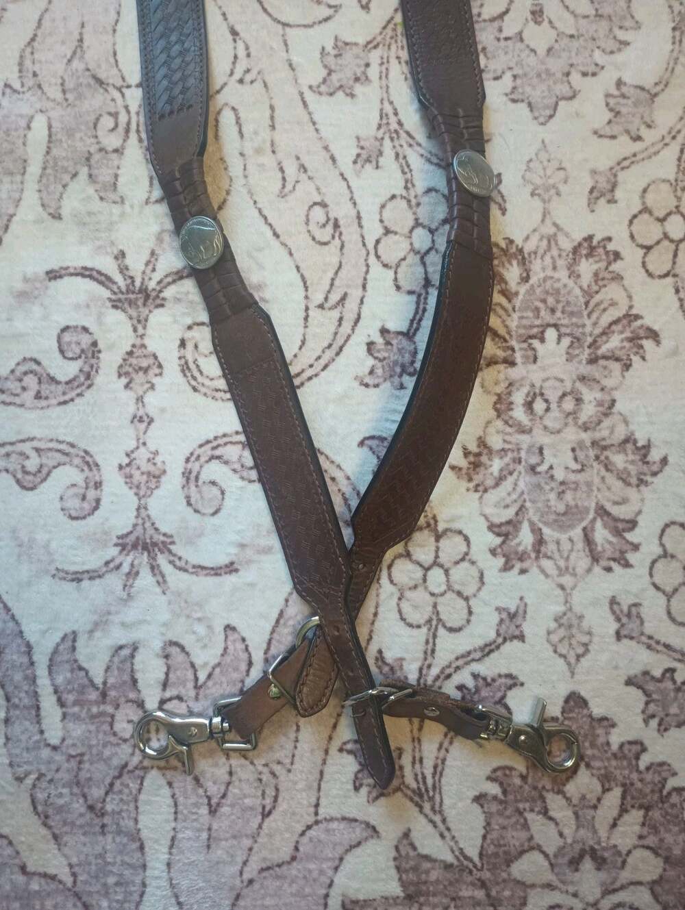 Nocona Belt CO Leather Suspenders L Brown Concho Buffalo Coin Western Cowboy